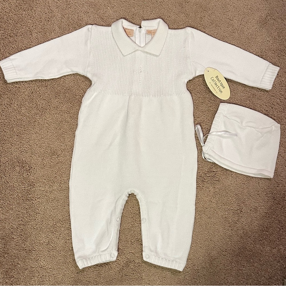 12 months Boutique Collection Coverall Set White Knit Cross Christening